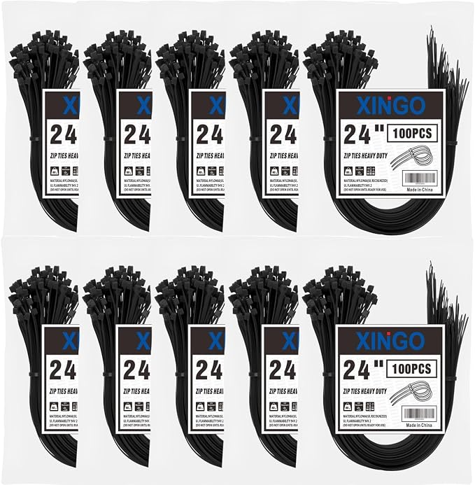 XINGO 1000 PCS 24 Inch Black Zip Ties Heavy Duty, 60lb Tensile Strength, UV Resistant Cable Ties for indoor and outdoor use