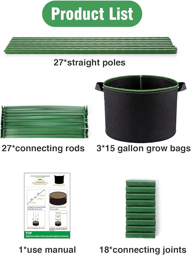 ANPHSIN Sturdy Triangle Tomato Cage with Movable 15 Gal Grow Bags - 3 Sets 47'' Plants Garden Trellis Planters, Support for Indoor Outdoor Beans, Peppers, Eggplants, Climbing Vegetables