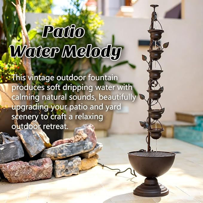 39" Tiered Water Fountain Outdoor 6 Hanging Cups Vintage Waterfall Fountain, Rustic Metal Outside Water Fountain for Garden Patio Yard Porch Decor