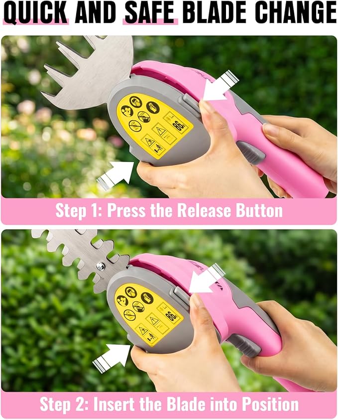 8V Cordless Hedge Trimmer & Grass Shear, 2-in-1 Handheld Shrub Trimmer with 2000mAh Removable Battery, 2 Interchangeable Blades for Bushes, Shrubs & Lawn Edging (Pink)