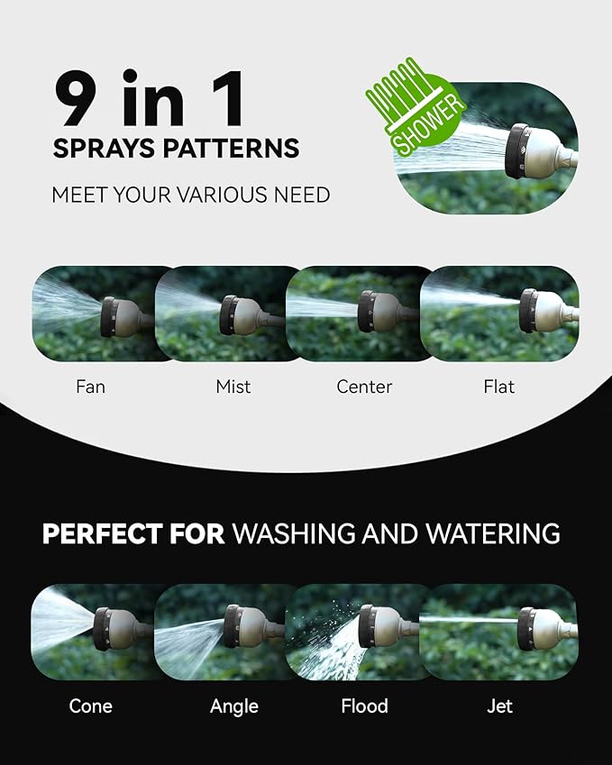 RAINPOINT Watering Wand, 16 Inch Metal Garden Hose Wand with 9 Spray Patterns, Long Hose Sprayer Nozzle For Hanging Baskets, Shrubs,Lawn (Black)