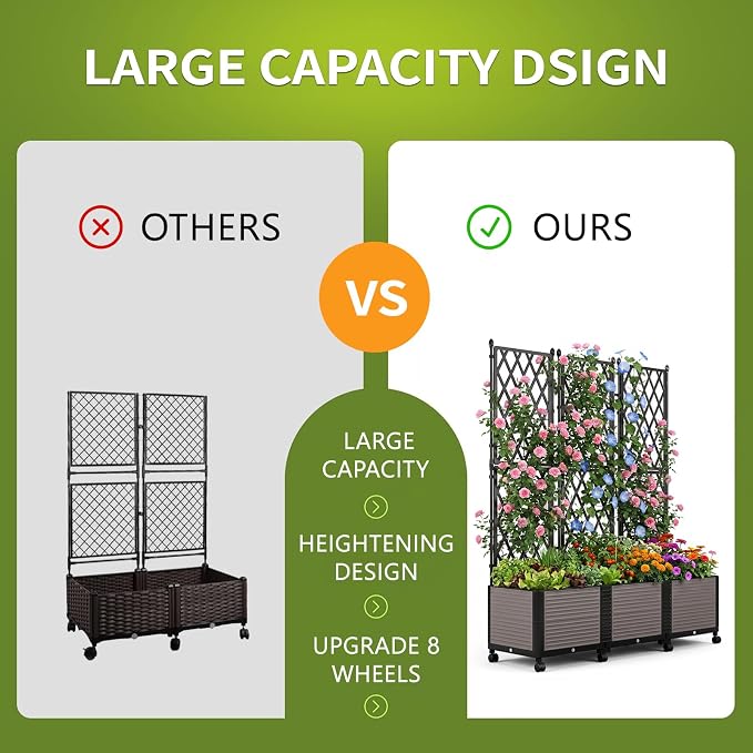 Raised Garden Bed Planter Box with Trellis, 63''H Tomato Planters for Climbing Plants Vegetable Vine Flowers Outdoor Patio Tomato Cage, Self Watering Planter with Wheels
