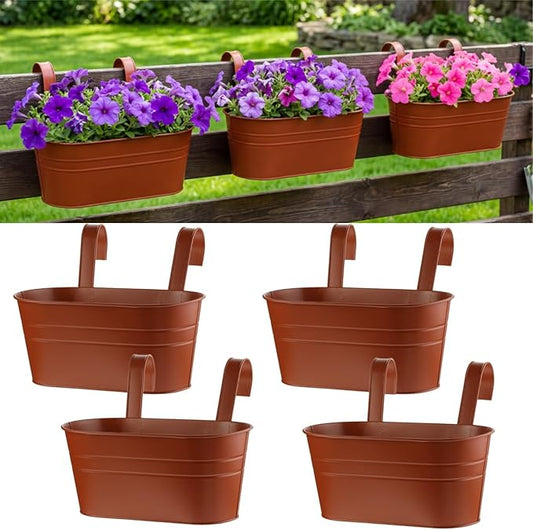 Hicarer Metal Hanging Flower Pots for Railing Fence, Large Hanging Rail Planters for Outdoor Window Balcony Plants Holder with Hooks for Garden Yard Home Decor(Brown,4 Pcs)