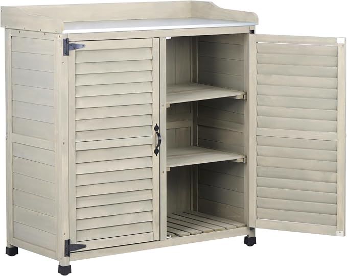 Outdoor Storage Cabinet & Potting Bench Table with Metal Work Top & Vented Louvered Doors, Wooden Patio Furniture, Garden Workstation (Accent Grey, 36x31x17in)