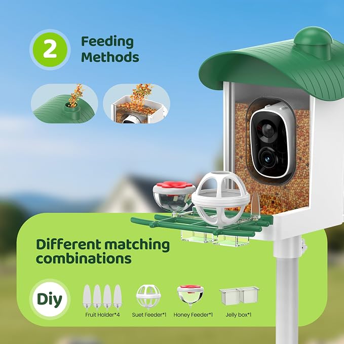 Bird Feeder with Camera Outdoor Solar: Smart Birdfeeder Houses with 2K Live Cam - AI Identify Birds Species and Auto Instant Arrival Alert Outside Garden - Ideal Gift for Bird Lovers