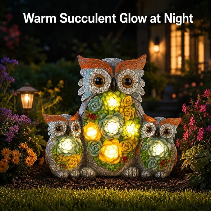 Solar Garden Statue Lights, Owl Family Decor with LED Succulent Flowers, Cute Solar Owl Figurines, Waterproof Resin Outdoor Yard Art for Patio Lawn Porch, Garden Gifts for Women Mom Grandma
