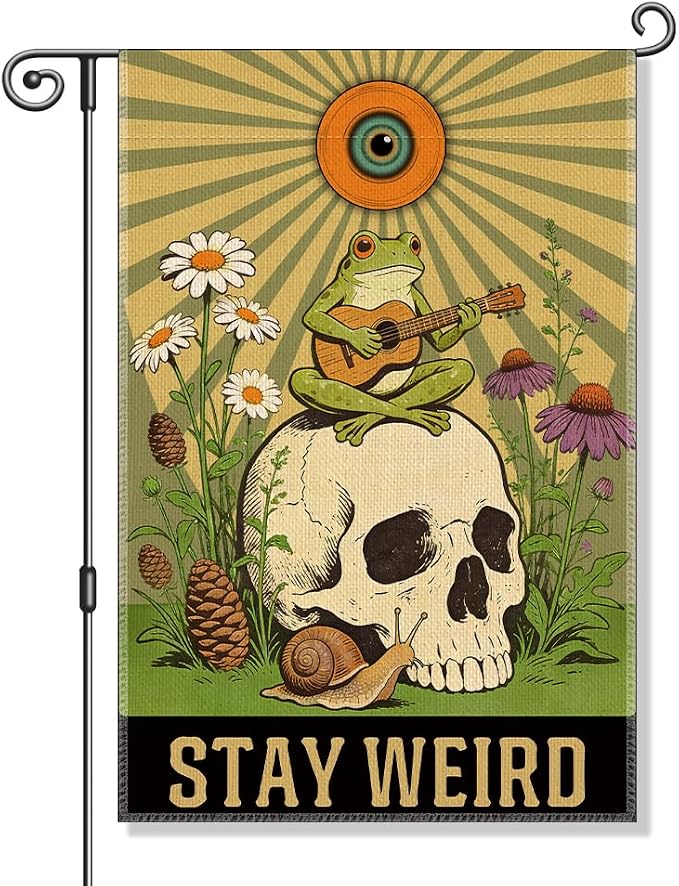 Perfectinsoy Stay Weird Funny Garden Flag, Boho Skull Frog Flags, Inclusion Human Rights Yard Banner, Community Progress Welcome Yard Farmhouse Patio Lawn Spring Summer Outdoor Decor