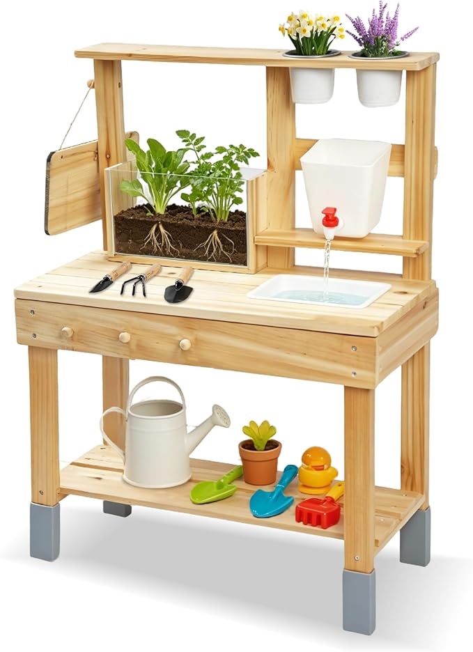 Beipoo Kids Potting Bench with Clearview Planter, Outdoor Mud Kitchen for Kids, Wooden Garden Station with Faucet, Chalkboard, Sink, Plant Pots, Cooking & Planting Toy for Toddler Boys Girls Ages 3+