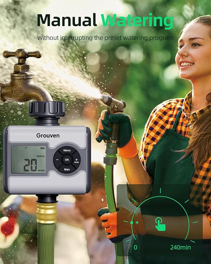 LCD Digital Water Timer with Brass Inlet Sprinkler Timer 3 Independent Programs Ball Valve No Water Pressure Required with Rain Sensor Port & Delay Function for Garden Lawn Irrigation