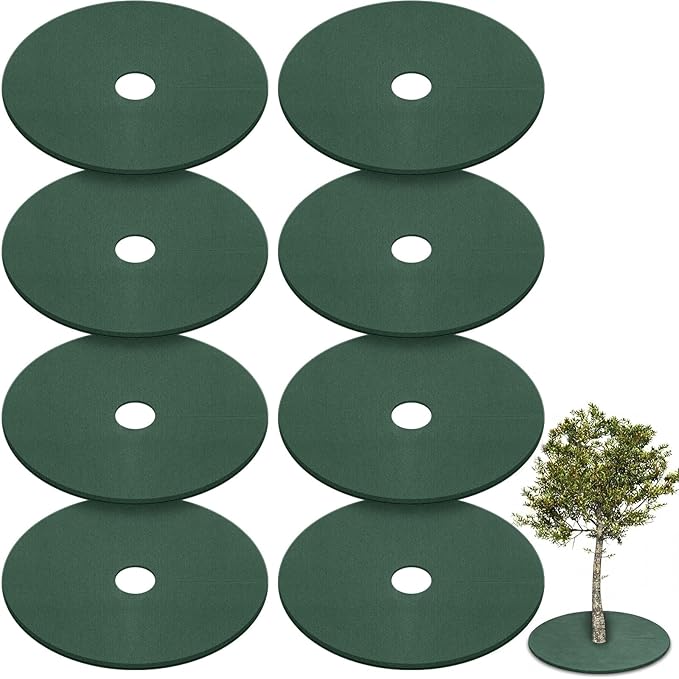 Shimeyao 8 Pack 32.2 Inch Non Woven Tree Mulch Ring Thickened Tree Mat Protector Reusable Trees Weed Mat Round Fabric Trees Root Barrier or Landscape Weed Barrier Plant Root Protection(Green)