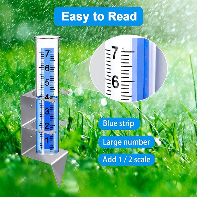 Rain Gauge,Rain Gauges Outdoors Best Rated with Stainless Steel Mounting Rack Holder,Freeze Proof Plastic Replacement Tube,Large Numbers,Rain Measure Gauge for Yard Garden Fence Lawn Patio Farm (7")