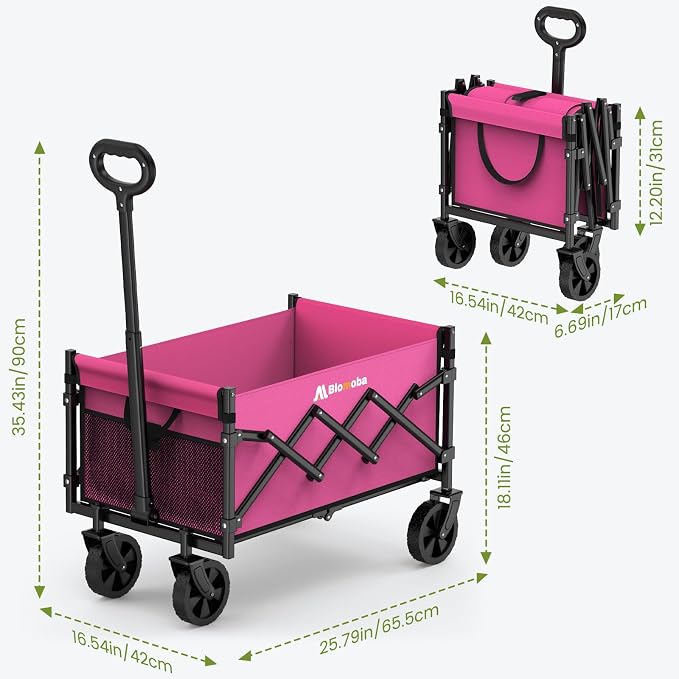 Collapsible Wagon with Wheels, 220 lbs Wagons Carts Foldable Wagon Cart with Flexible Handle, Lightweight Portable Folding Utility Grocery Shopping Cart for Grocery Sports Garden Camping, Pink