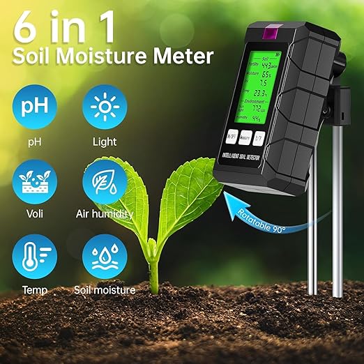 Soil Test Kit, 6-in-1 Soil Moisture, PH, Fertility Meter with Digital Soil Temp, Air Temp and Humidity, Dual Screen Tester for Plants, Lawn, Farm, Indoor and Outdoor(2*AAA Battery Needed)