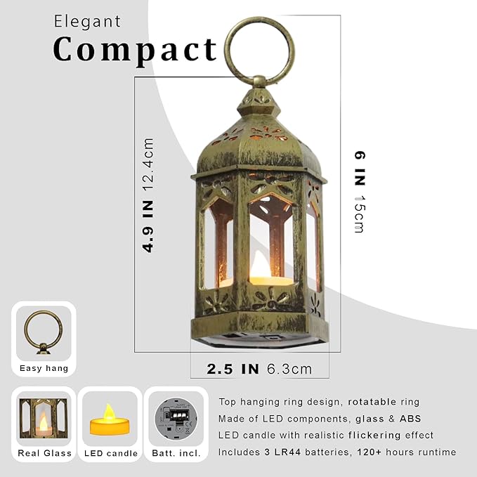 Mini Moroccan Lanterns with Flicker LED Candles Set of 12, Gold Vintage Decorative Hanging Lanterns for Ramadan, Christmas, Halloween, Wedding, Party, Table Centerpiece, ABS Plastic and Glass