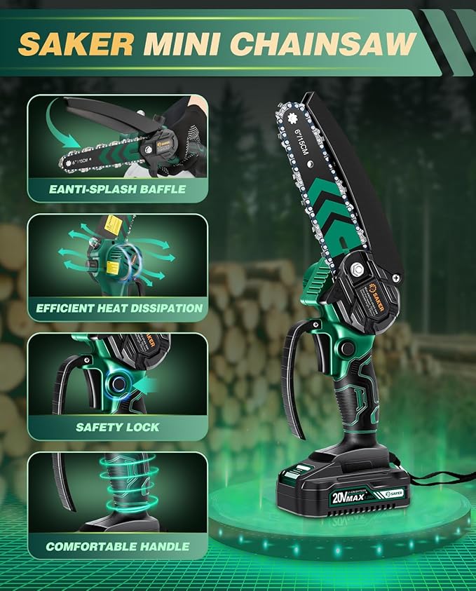 Saker Mini Chainsaw with Auto Oiler|6 Inch Chainsaws[2026 Upgraded]|Mini Cordless Electric Chain Saw|Small Handheld Portable Chainsaw Battery Powered for Tree Trimmer and Garden 2 Batteries+3 Chains