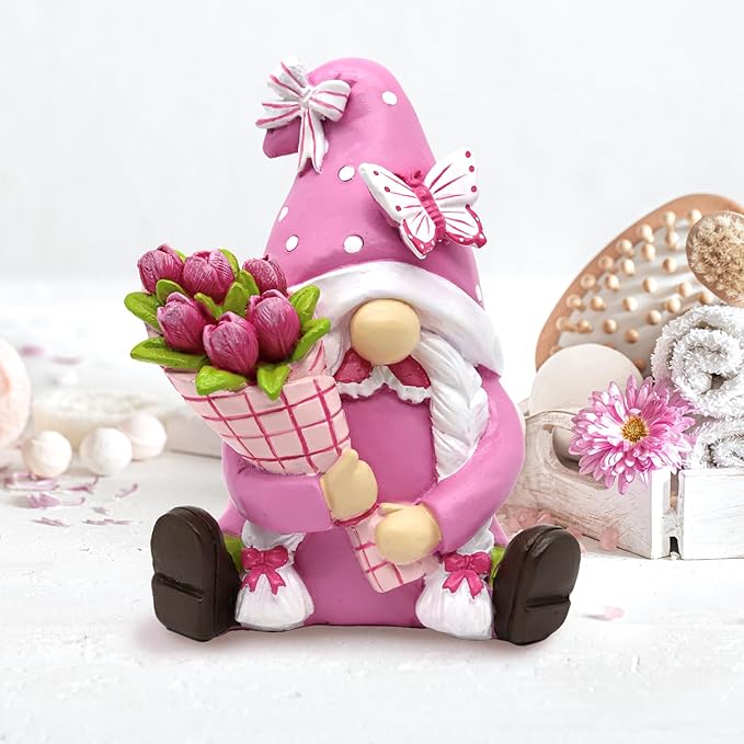 Spring Summer Gnomes Decorations for Home Office - Resin Pink Garden Gnomes with Butterfly Tulip - Retirement Gifts for Women Tiered Tray Decor