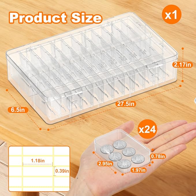Bead Organizer Box, 24 PCS Clear Plastic Storage Containers Features Hinged Lid and Labels, Craft Storage Box for Jewelry, Diamonds, Clay Beads, Bracelets, Screws, Seeds, Small Parts