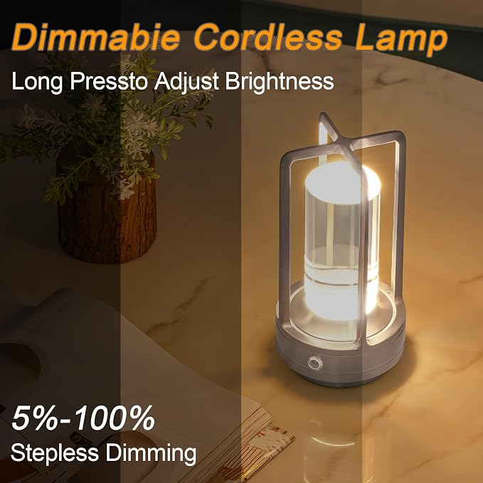 Rechargeable Table Lamp Cordless, Portable Metal Table Lamp 3 Color | Crystal | Stepless Dimming, for Bedroom, Cafe, Camping, Bar, Dining Table, Restaurant