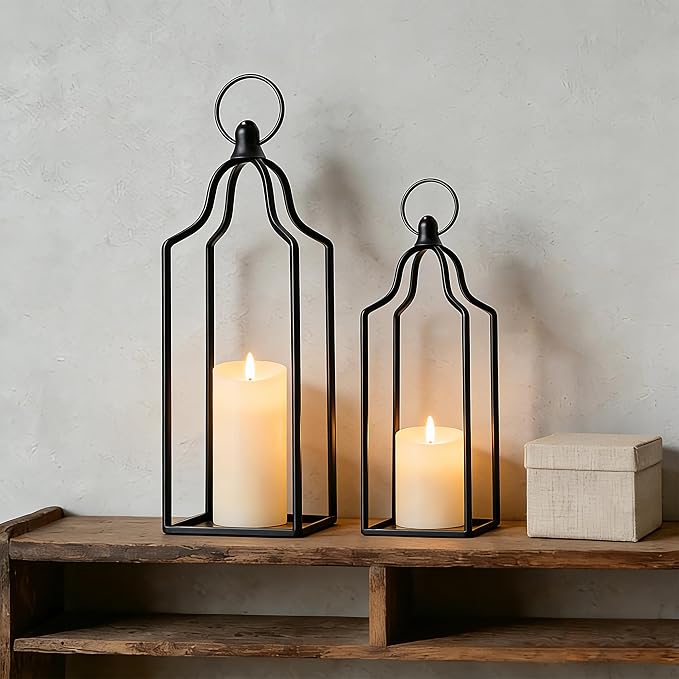 Rustic Farmhouse Decor Metal Lantern Set of 2 Decorative Lanterns for Home Indoor Outdoor Living Room, Fireplace, Patio, Wedding & Kitchen Table Centerpieces (Black, 14.5" 12.2")