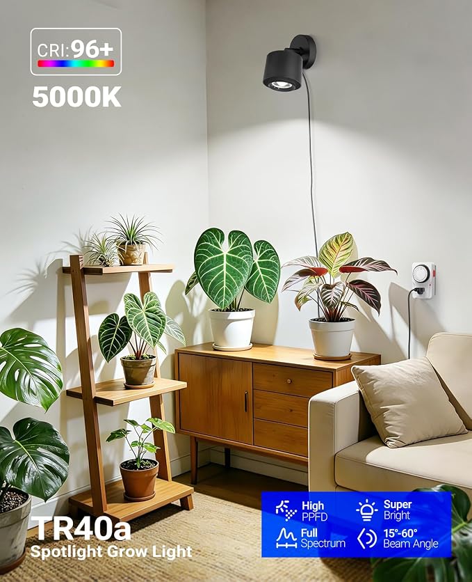 Barrina TR40a Track Plant Lights for Indoor Growing, 40W Ceiling Grow Lights with Adjustable Beam Angle (15°-60°), 5000K Full Spectrum Wall Plant Light with Timer for Greenhouse, Black Cover