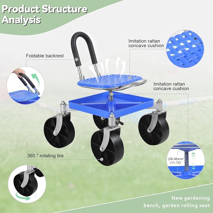 Garden Rolling Stool with Wheels,Outdoor Garden Cart with Seat, 360° Swivel Gardening Stool for Planting,Adjustable Height Gardens Chair w/ Utility Tool Tray and Handle for Outdoor, Patio,Yard Blue