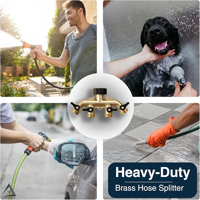 DBR Tech® Heavy Duty 4 Way Hose Splitter (Premium Brass for Superior Durability), Wye Garden Hoses Connector for Water Spigot Faucet Bib Tap, Y Adapter, Rust-Resistant Finish