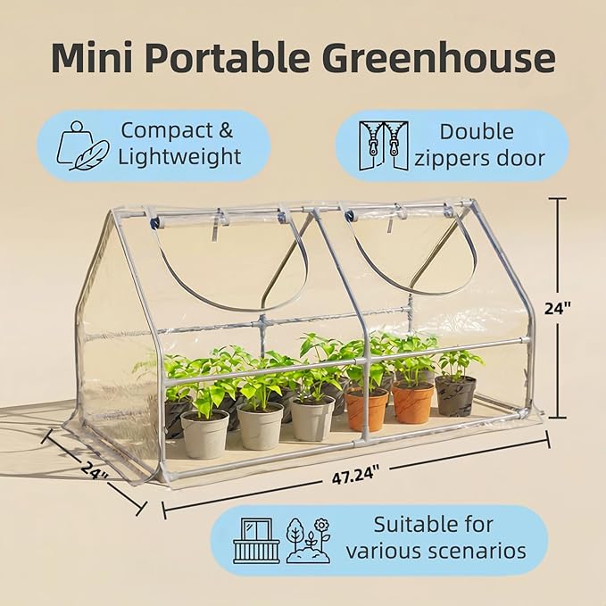 Portable Mini Greenhouse, 47"x24"x24" Greenhouses for Outdoors with PVC Cover and Dual Zipper Doors,Green House Cover for Raised Garden Bed,Garden Bed Cover for Plants Outdoor