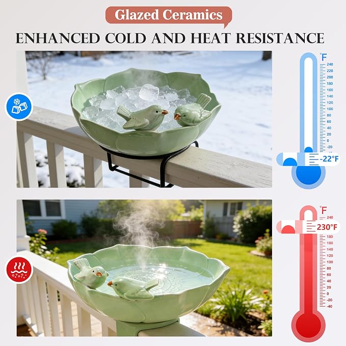 Ceramic Bird Bath for Outdoors, 10.1” Glazed Ceramic Bird Baths Bowls and Feeders for Outside, UV/Frost-Resistant Finish Ground Garden Table Top Bird Baths Decor for Patio Yard Home Green