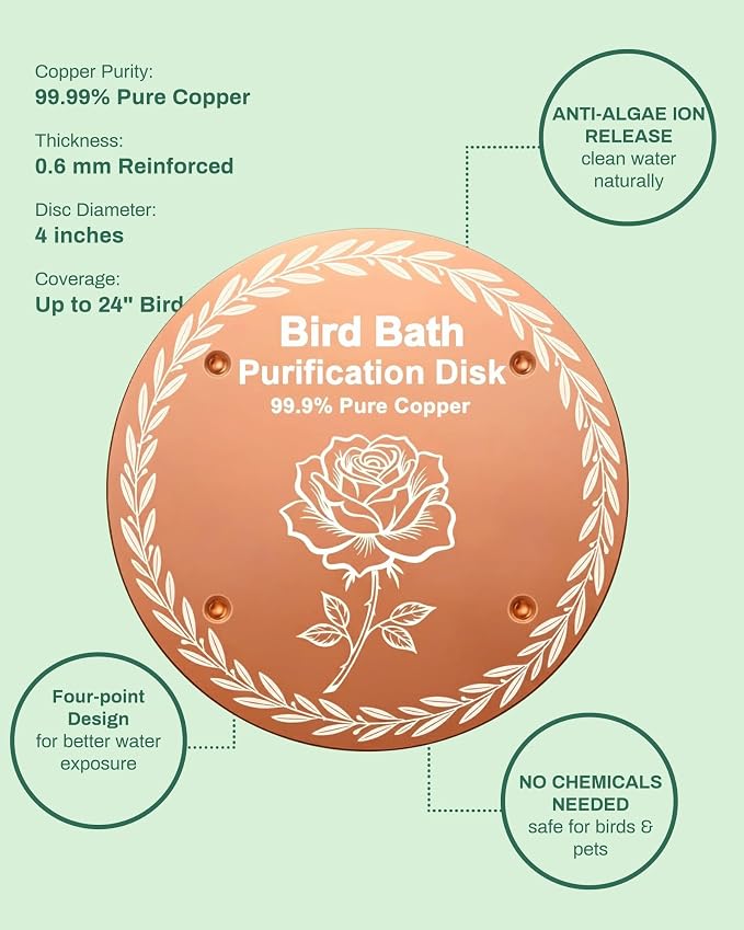Bird Bath Purification Disk Pure Copper Outdoor Winter Solar Power Birdbath Deicer Cage Hanging Bowl Metal Warmer Deck Railing Glass Concrete Ceramic Stone Stand Water Rose