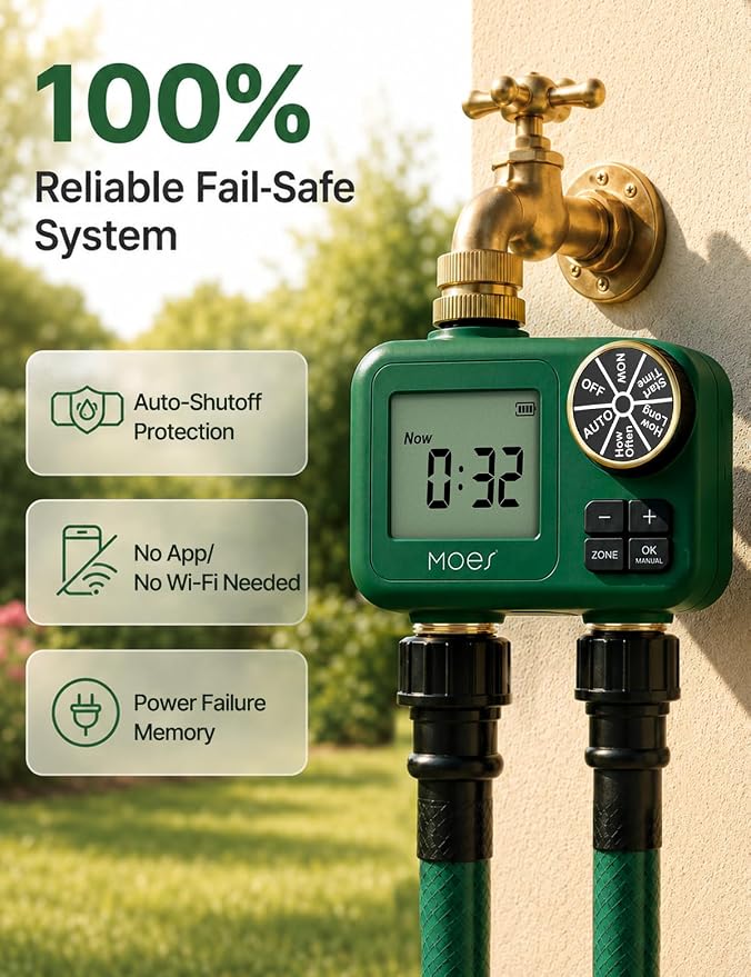 MOES 2-Zone Water Timer for Garden Lawn Hose — 3/4" Brass Inlet & Outlets, Independent Dual-Outlet Sprinkler Timer, Programmable Irrigation Controller with Rain Delay & Manual Mode, Battery Powered