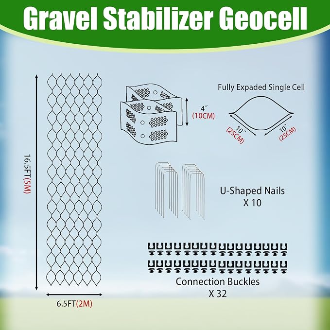 4" Thick Gravel Ground Grid 6.5ft x 16.5ft - Geo Grid Driveway Stabilization Grids, Gravel Retainer Grid 1885 LBS Per Sq ft, Geocell Geogrid for Walkway Driving RV Parking Slopes and Garden