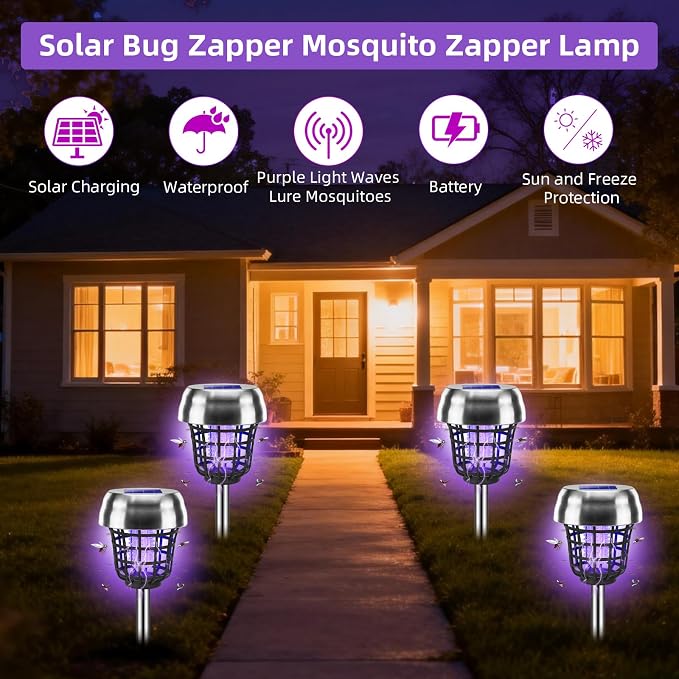 2026 Solar Bug Zapper Outdoor Waterproof Mosquito Repellent Outdoor Patio Mosquito Trap & Killer for Backyard, Farm, Garden, Solar Powered Fly Zapper for Small Flying Insect, Flies, Moths, Gnats(4)