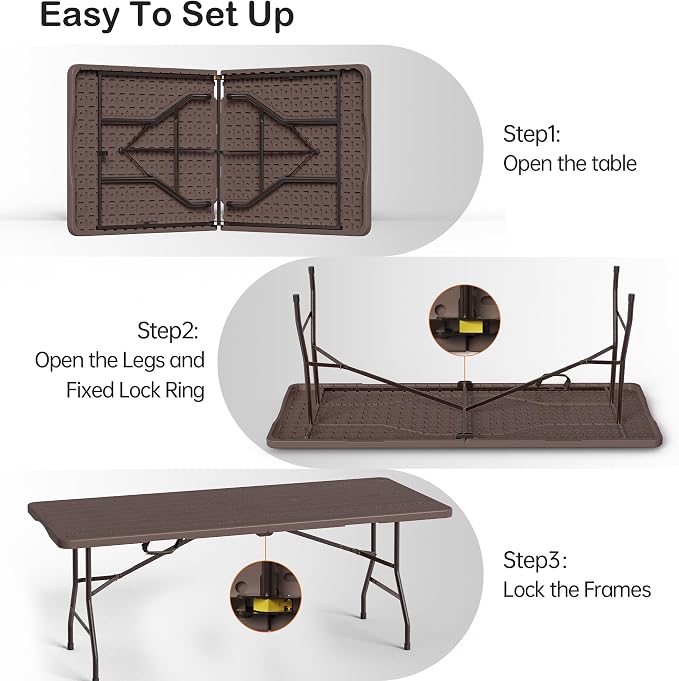 VSOAEIL Set of 2 6 Foot Folding Table for Indoor Outdoor, Portable Heavy Duty Fold-in-Half Utility Plastic Foldable Dining Table with Carrying Handle for Picnic, Camping and Party, 2 Pack Brown