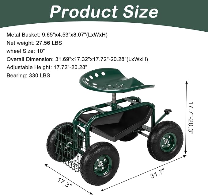Rolling Garden Work Seat with Wheels, Gardening Stool for Planting, 360 Degree Swivel Seat, Garden Scooter with Steering Handle & Tool Tray, Garden Chair for Outdoor, Patio and Yard,Green
