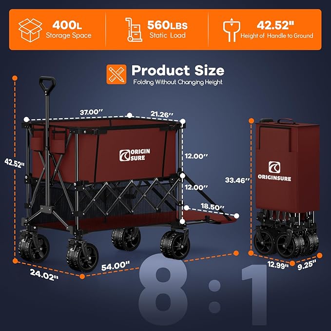 Originsure 400L Double Decker Wagon Collapsible with 54" L Tailgate, 560lbs Heavy Duty Carts Foldable, Extra Large Folding Beach Wagon with Big All-Terrain Wheels for Camping, Sports, Groceries, Red
