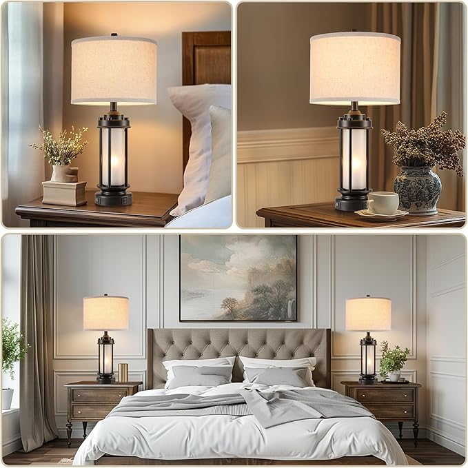 AIEAMPDO 25'' Set of 2 Modern Table Lamps for Bedroom with 2 USB C+A Ports | Black Retro Industrial Metal Lamp with Glass Nightlight Desk Lamp for Living Room Bedside End Table Office, 4 Bulbs Included