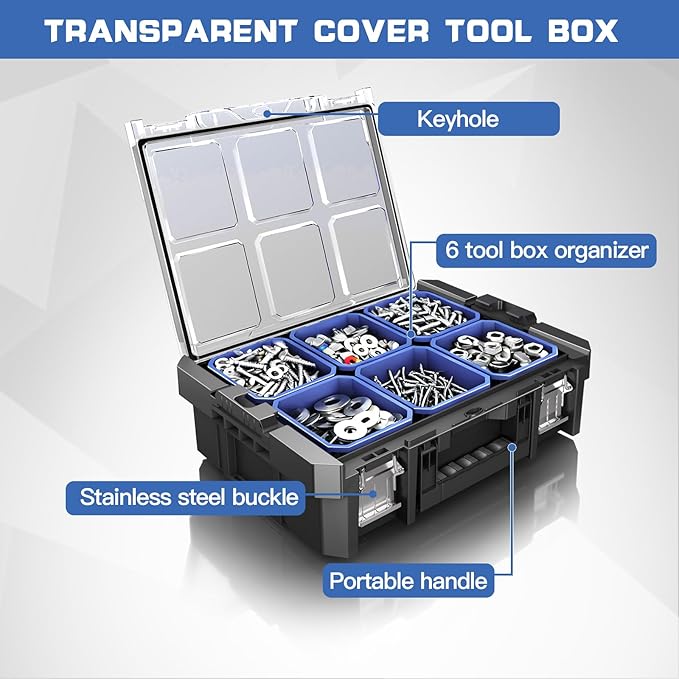 18 Inch Clear Lid Tool Box | AIRAJ Stackable Modular Tool Organizer Box Storage System | Garage Storage | Home Repair | Professional Use | (SC1-F)