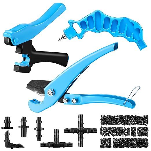 Feekoon Irrigation Drip Tools with Barbed Connectors, 2-in-1 Drip System Punch Tool for 1/4" Fitting, 16 20 25mm PE Pipe & Emitter; Ideal for Garden & DIY Watering System(Blue,230 Irrigation Plugs)