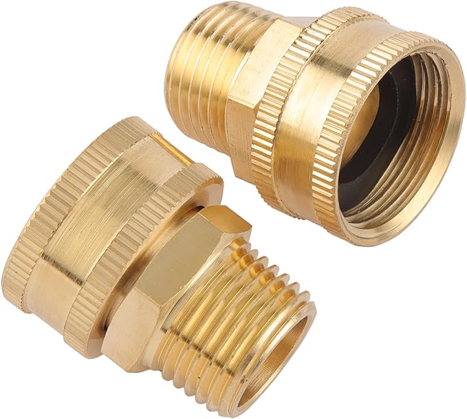 2 Pack Garden Hose Adapter,1/2" NPT to 3/4" GHT Connector with Dual Swivel, Brass Garden Hose Convert Adapter Fitting, Garden Hose Thread 3/4” Female to 1/2" Male Pipe Thread, with Extra 2 Washers
