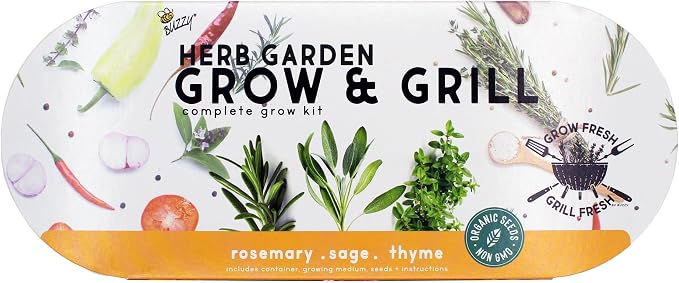 Buzzy Seeds Grow & Grill Organic Herb Kit - Metal Windowsill Planter - Complete Indoor/Outdoor Gardening Kit with Seeds, Coconut Husk Growing Medium & Genuine Pots - 100% Grow Guarantee