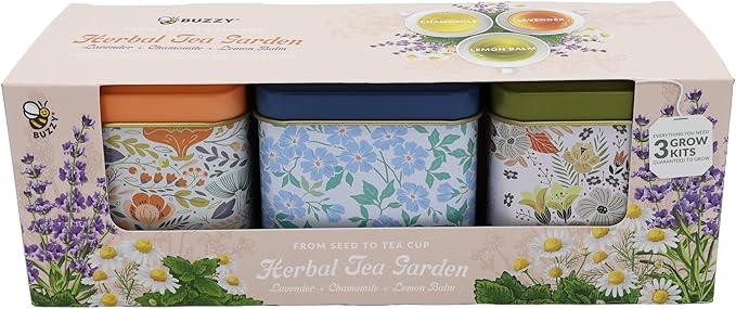 Buzzy Seeds Herbal Tea Garden Grow Kit 3-Pack - Metal Windowsill Planter - Complete Indoor/Outdoor Gardening Kit with Seeds, Coconut Husk Growing Medium & Genuine Pots - 100% Grow Guarantee