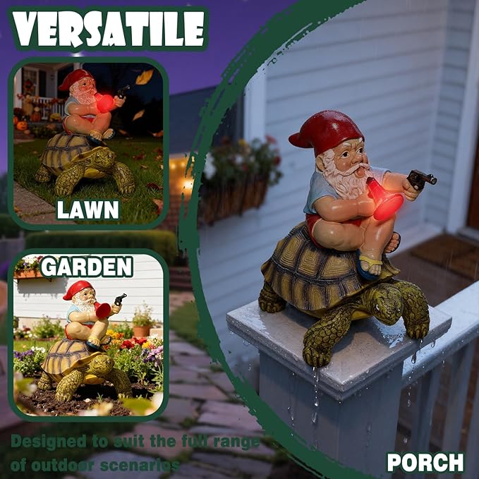 Funny Garden Gnomes Tortoise Decorations for Yard Statue with Solar Lights Outdoor Sculpture Decor