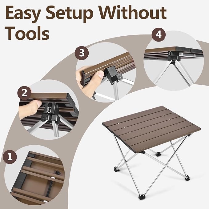Grope Small Folding Camping Table with Aluminum Table Top, Beach Table for Sand with Carrying Bag,Prefect for Outdoor, Picnic, BBQ, Cooking, Festival (Coffee-M)