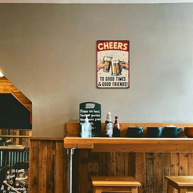 KBKBART Bar Sign For Home Bar Vintage Metal Tin Sign Cheers to Good Times Good Friends Wall Art Decor for Home Bar Pub Club Garage Man Cave Decor 8 X 12 Inches