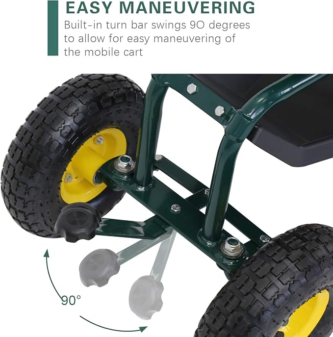 Garden Cart Rolling Work Seat Patio Wagon Scooter for Planting with Utility Tool Tray and Basket, Green