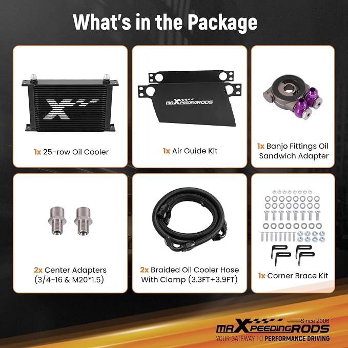 maXpeedingrods 25 Row Oil Cooler Kit, 10AN Transmission Engine Cooler British Radiator Universal Aluminium Black, Banjo Fittings Oil Filter Sandwich Adapter, Air Guide Kit and Oil Cooler Hoses