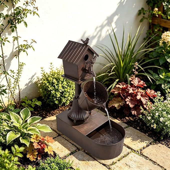 Metal Water Fountain Outdoor 27" Birdhouse Waterfall Fountain, Rustic Outdoor Water Fountain with Tilted Bucket for Garden Patio Yard Deck Decor, Dark Bronze