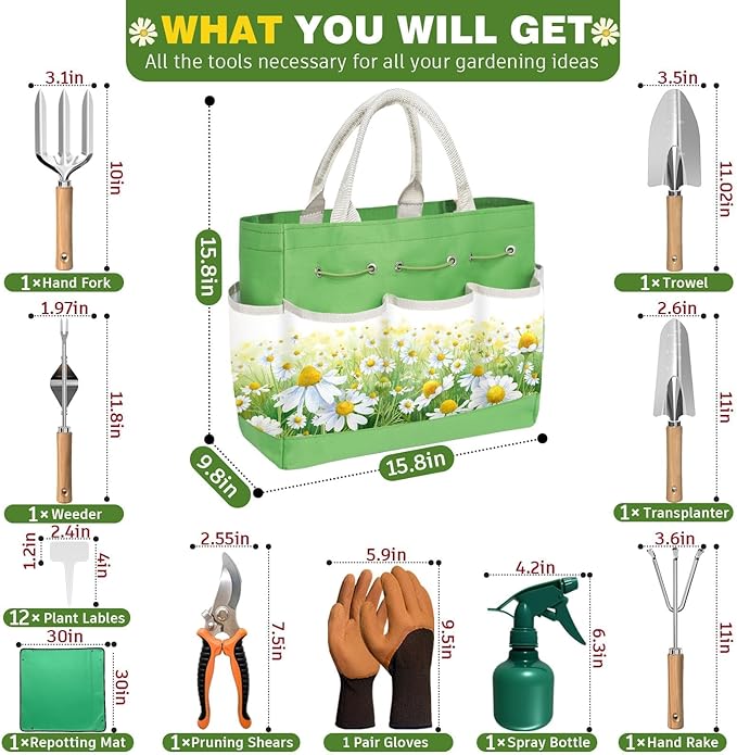 22Pcs Garden Tools Set for Women,Heavy Duty Hand Tool Kit,Birthday Gifts for Mom Wife Grandma Beginner,Gardening Essentials with Large Tote Bag/Repotting Mat/Trowel/Rake/Pruner/Gloves/Plant Tags-Green