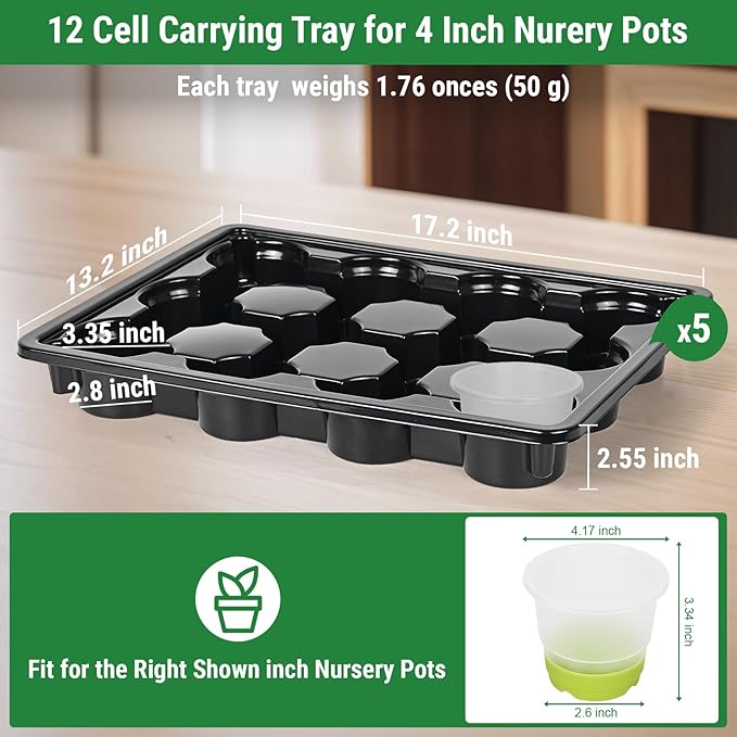 Sckee 12 Cell Round Nursery Pots Trays, Flower Pot Moving Tray, Nursery Pot Tray Plastic Planting Pot Carrying Trays for Moving Nursery Pot (17.2"×13.2"×2.5", 5PCS for 4'' Pots)