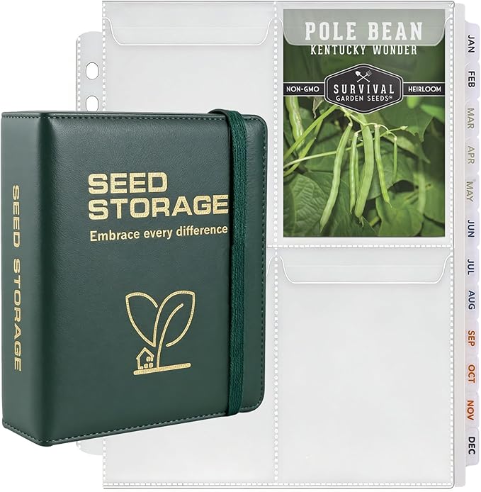 MUQING Seed Storage Organizer Binder, Holds 200 Seed Packets with Flip-Top Lid Sleeves, 50 Pages + 12 Monthly Cards + 4-Season Color-Coded Dividers, Faux Leather Seed Keeper Book for Gardeners (Green)